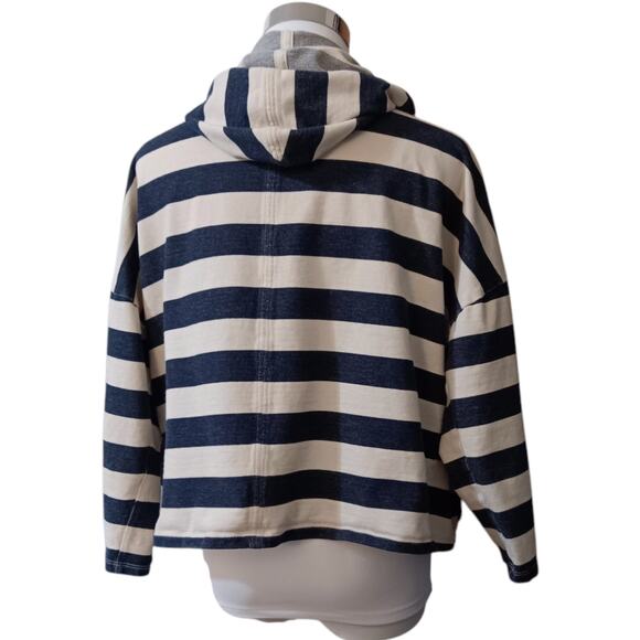 LOFT Lightweight Jacket S Moto Zip Hoodie Cotton Blue Cream Striped Coastal Trip - Picture 10 of 10